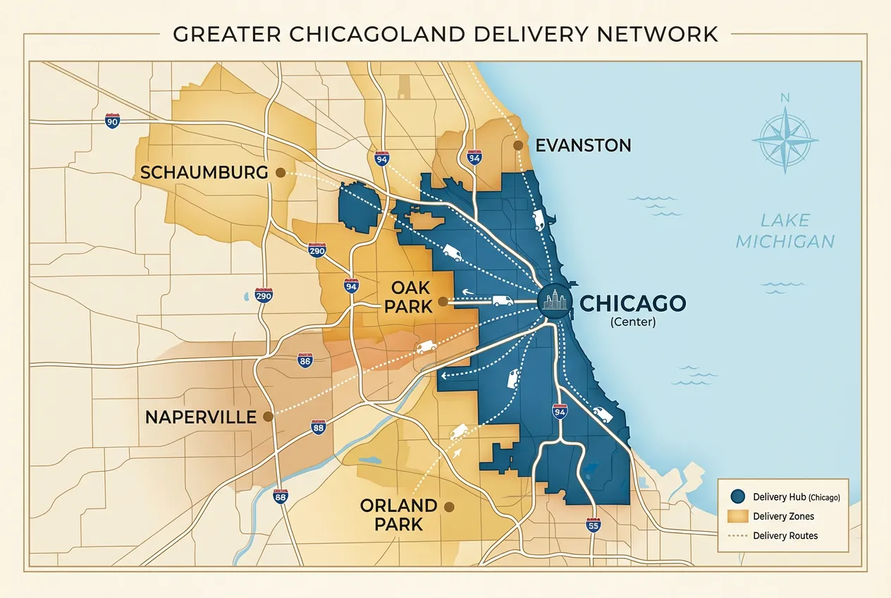 Chicago and Chicagoland delivery network map — Sterling Event Rentals service area
