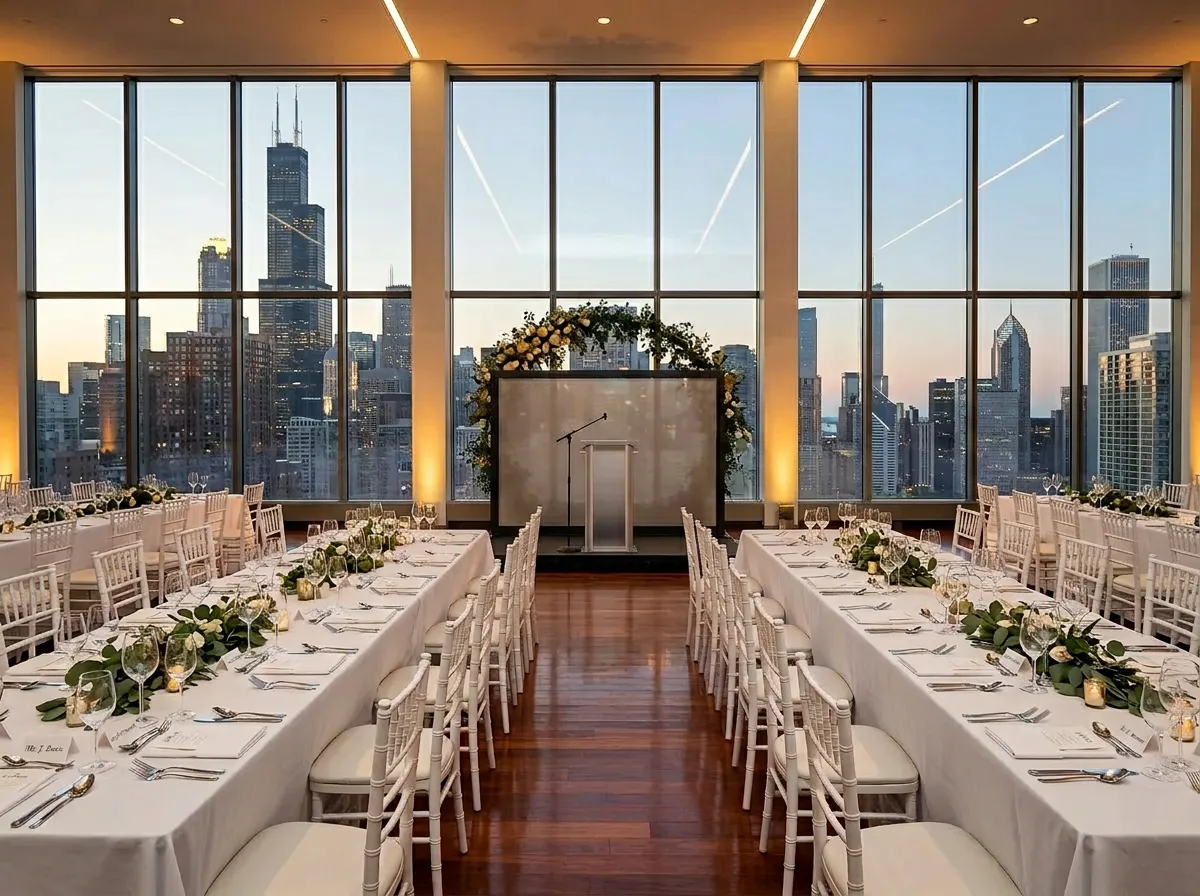 Elegant corporate event setup with cityscape views — Chicago outdoor gala