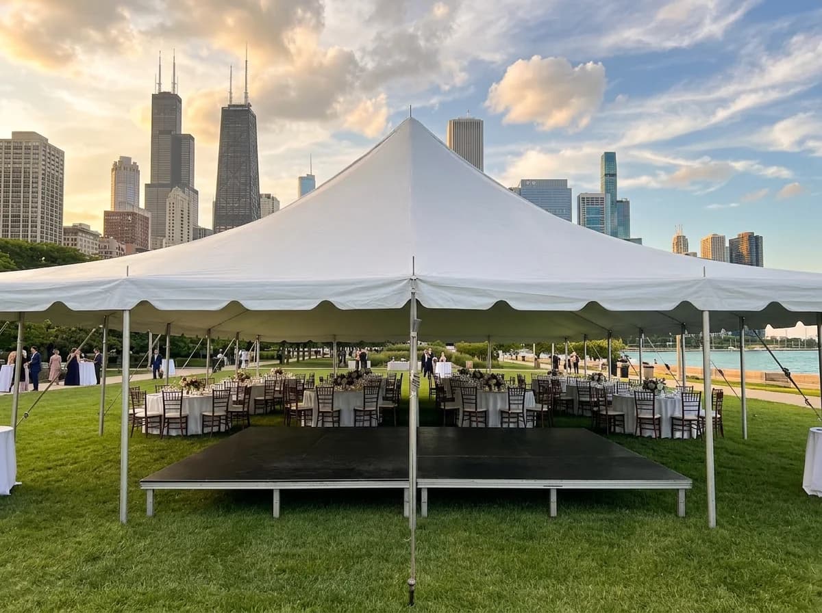 Outdoor corporate event with city views and professional tent setup