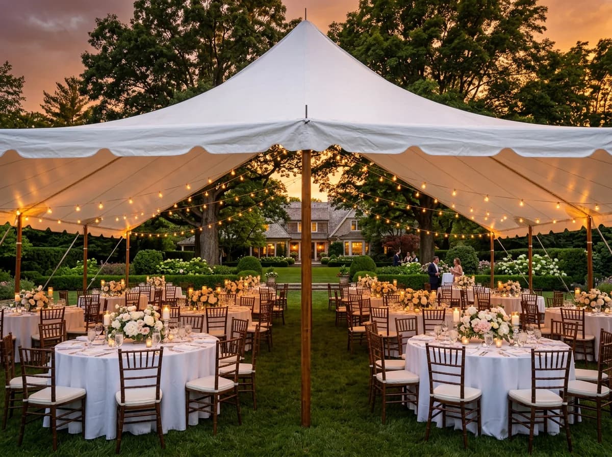 Elegant outdoor wedding tent setup with Chicago skyline in the background.