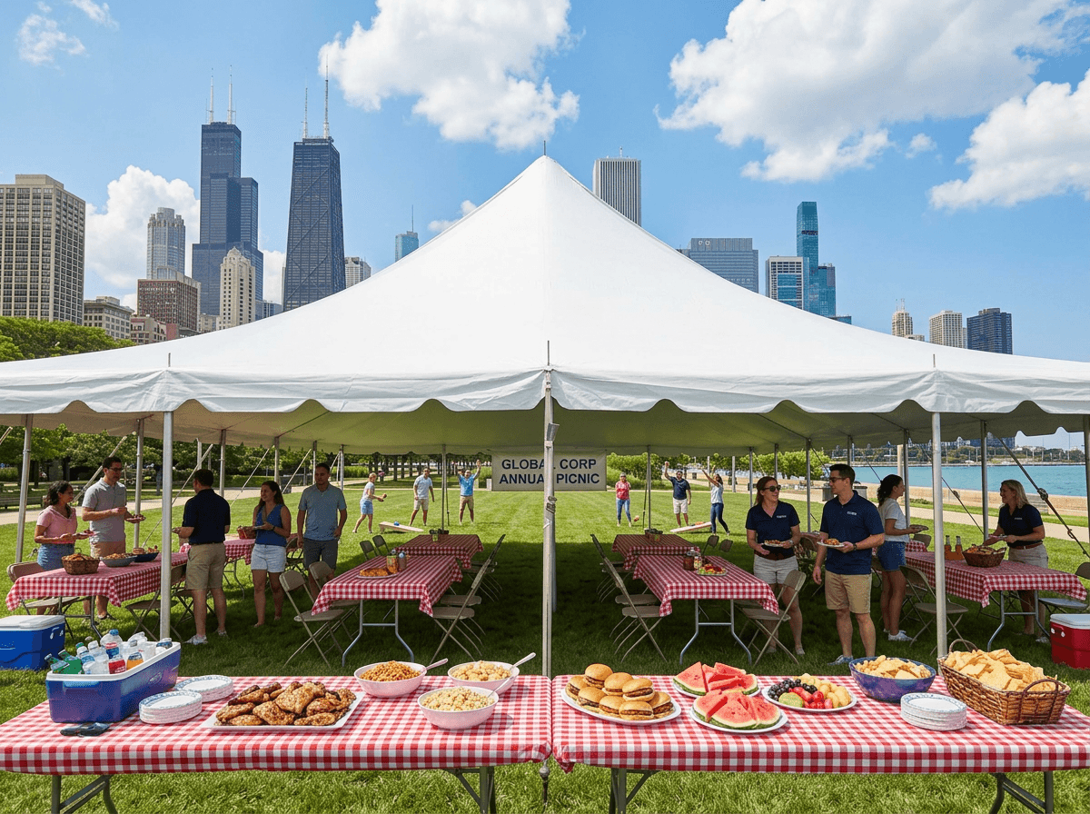 Corporate company picnic under a white tent with catering tables — Sterling Event Rentals Chicago