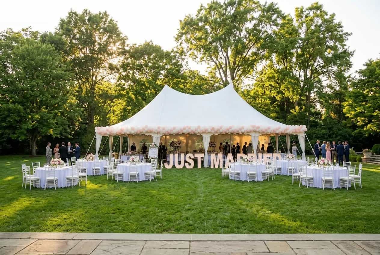 Backyard event with tent, tables, and seating in the Chicago area