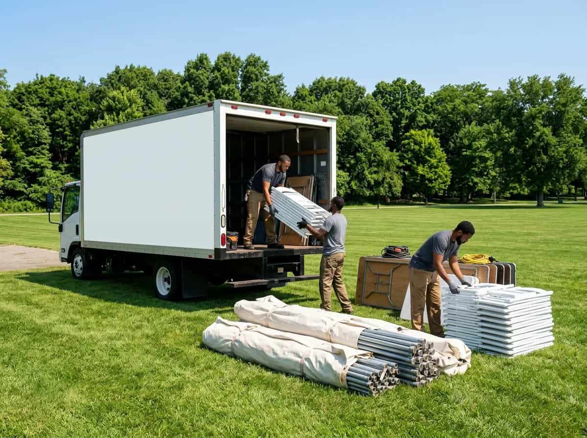 Sterling crew delivering and setting up rental equipment at a venue