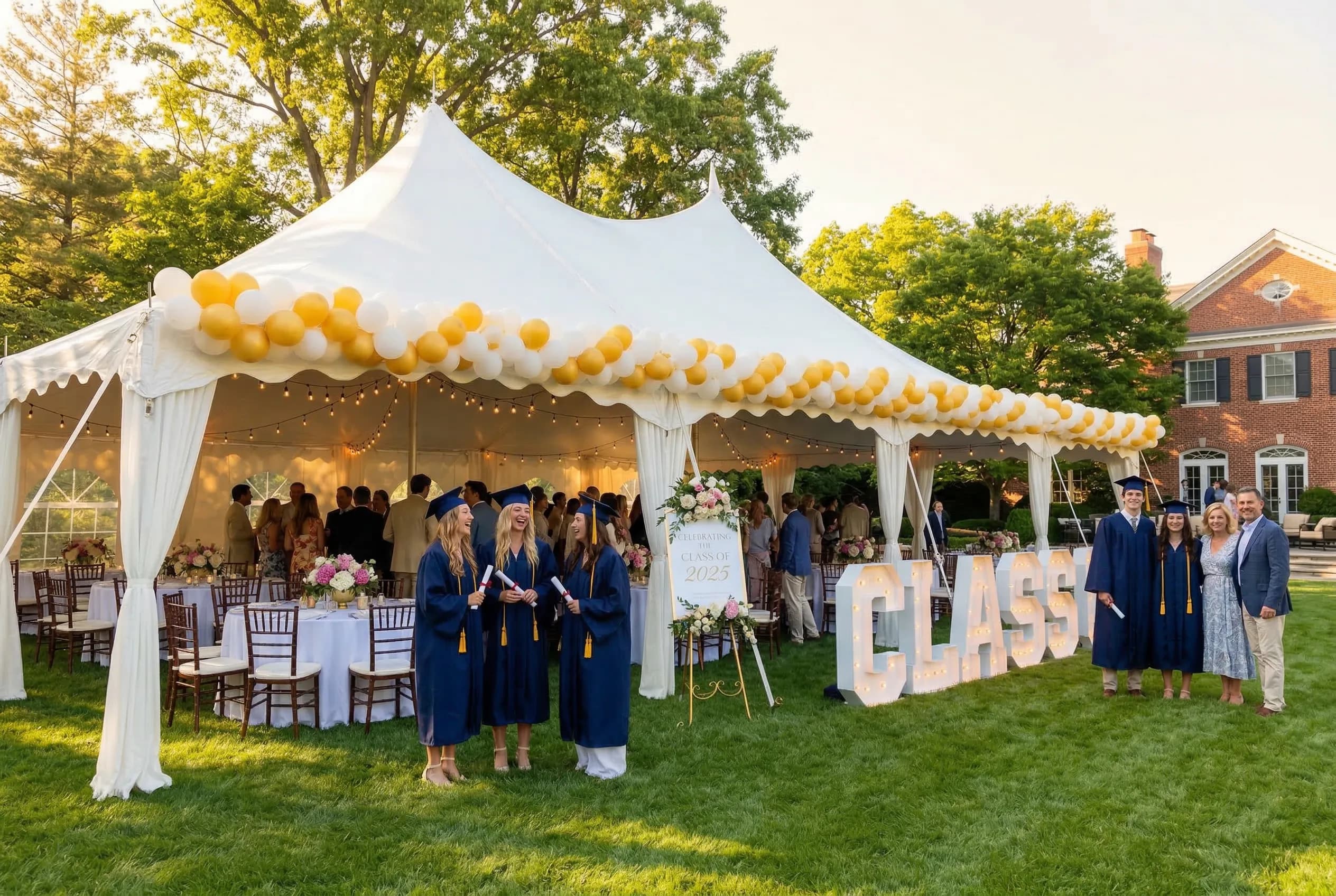 Outdoor graduation ceremony setup with tent, stage, and seating for guests.