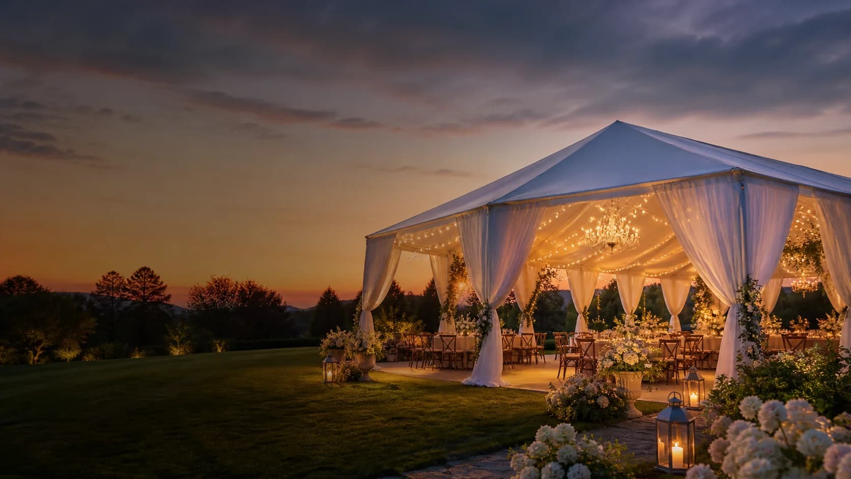 Outdoor wedding reception under a white tent with banquet tables