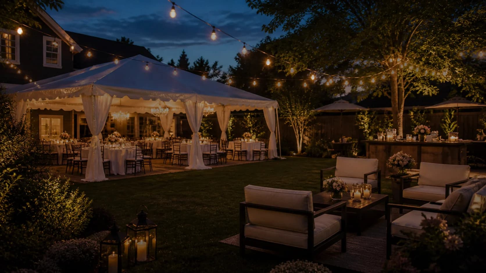 Backyard private party with a white tent, tables, and seating on a residential lawn.